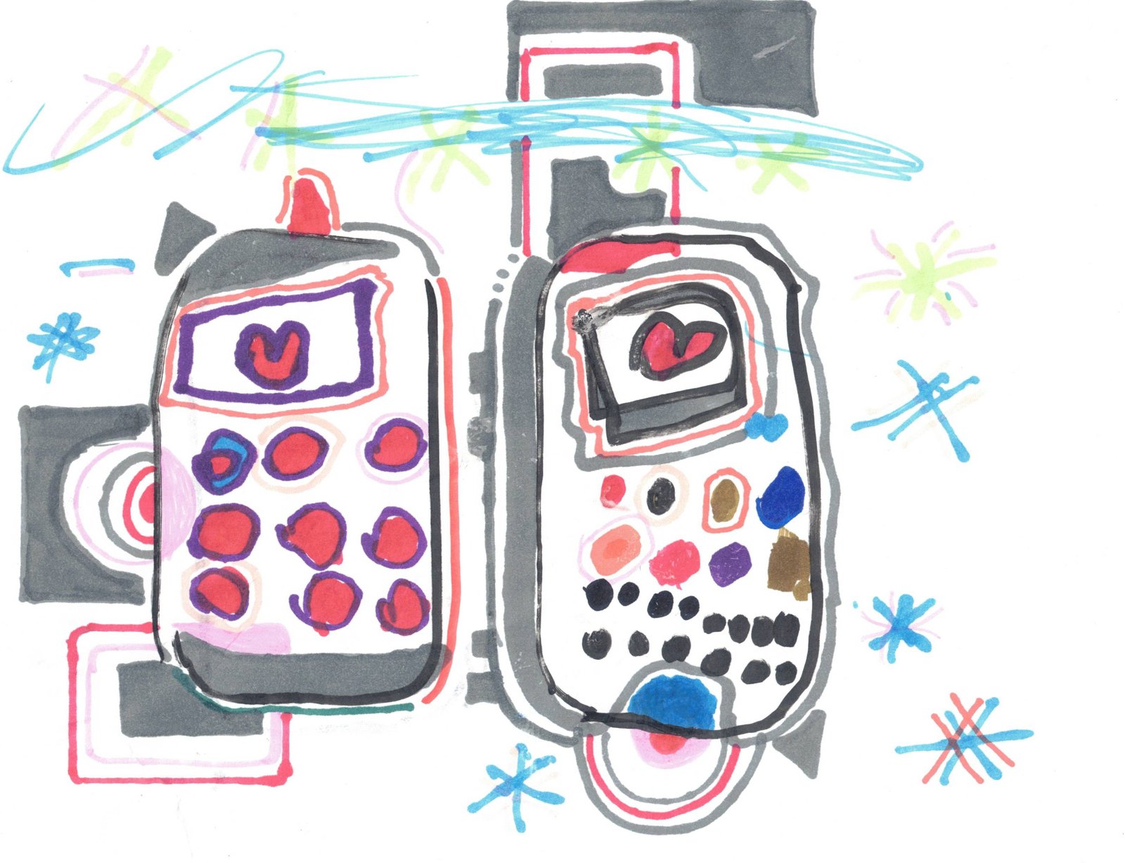 Hello World, Hello Heartbeat — raw original marker drawing of two hand-drawn phones